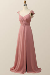 Blush Pink Ruffled Flare Sleeve Chiffon Long Bridesmaid Dress