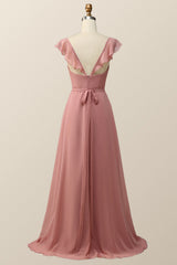 Blush Pink Ruffled Flare Sleeve Chiffon Long Bridesmaid Dress