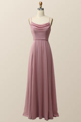 Blush Pink Cowl Neck Chiffon Long Bridesmaid Dress