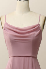 Blush Pink Cowl Neck Chiffon Long Bridesmaid Dress