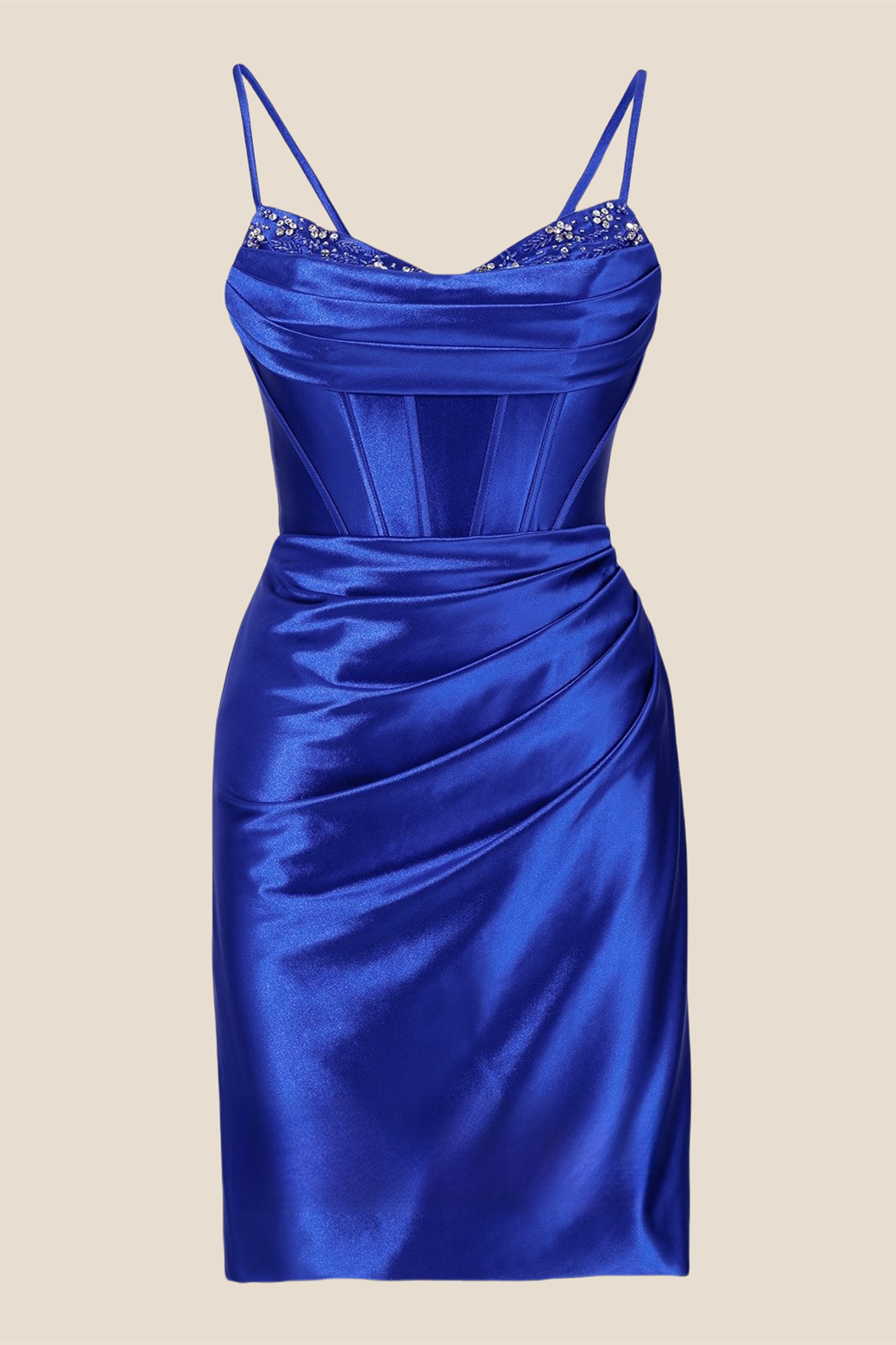 Beaded Neck Royal Blue Ruched Short Dress