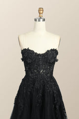 Black Floral Embroidery Strapless A-line Formal Dress