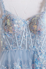 Off the Shoulder Light Blue Sequin Ruffles Long Formal Dress