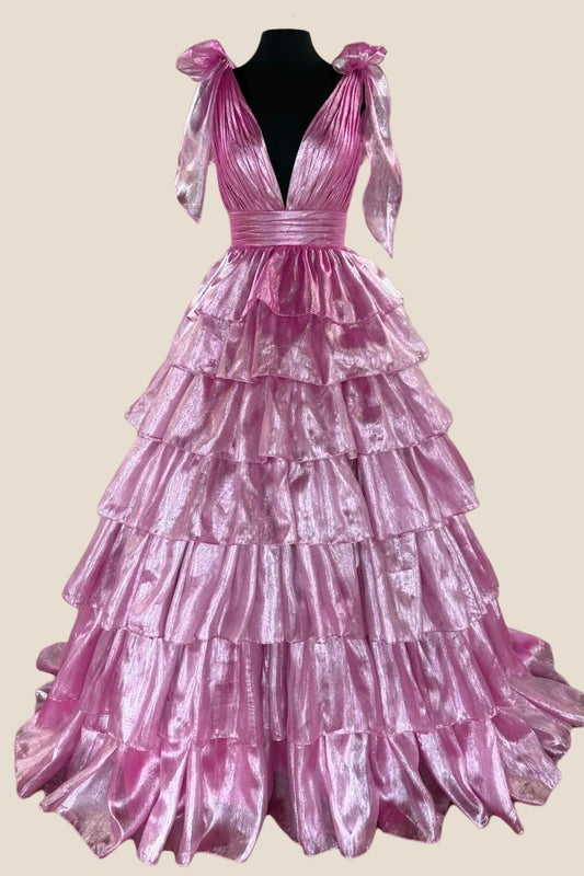 Bow Tie Pink Tiered A-line Long Dress with Slit