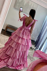 Bow Tie Pink Tiered A-line Long Dress with Slit