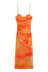 Orange Straps Print Draped Fitted Dress