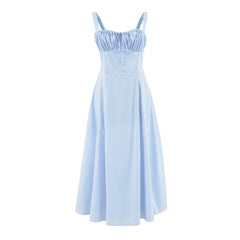 Tie Front Blue A-line Long Dress