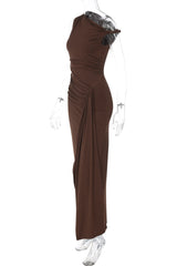 Asymmetric Neck Brown Fitted Dress