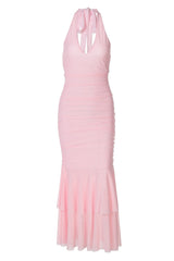 Halter Plunge Pink Fitted Ruffle Dress