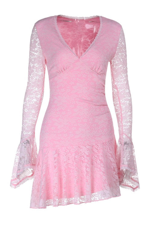Long Sleeves Pink Lace Short Dress