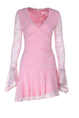 Long Sleeves Pink Lace Short Dress