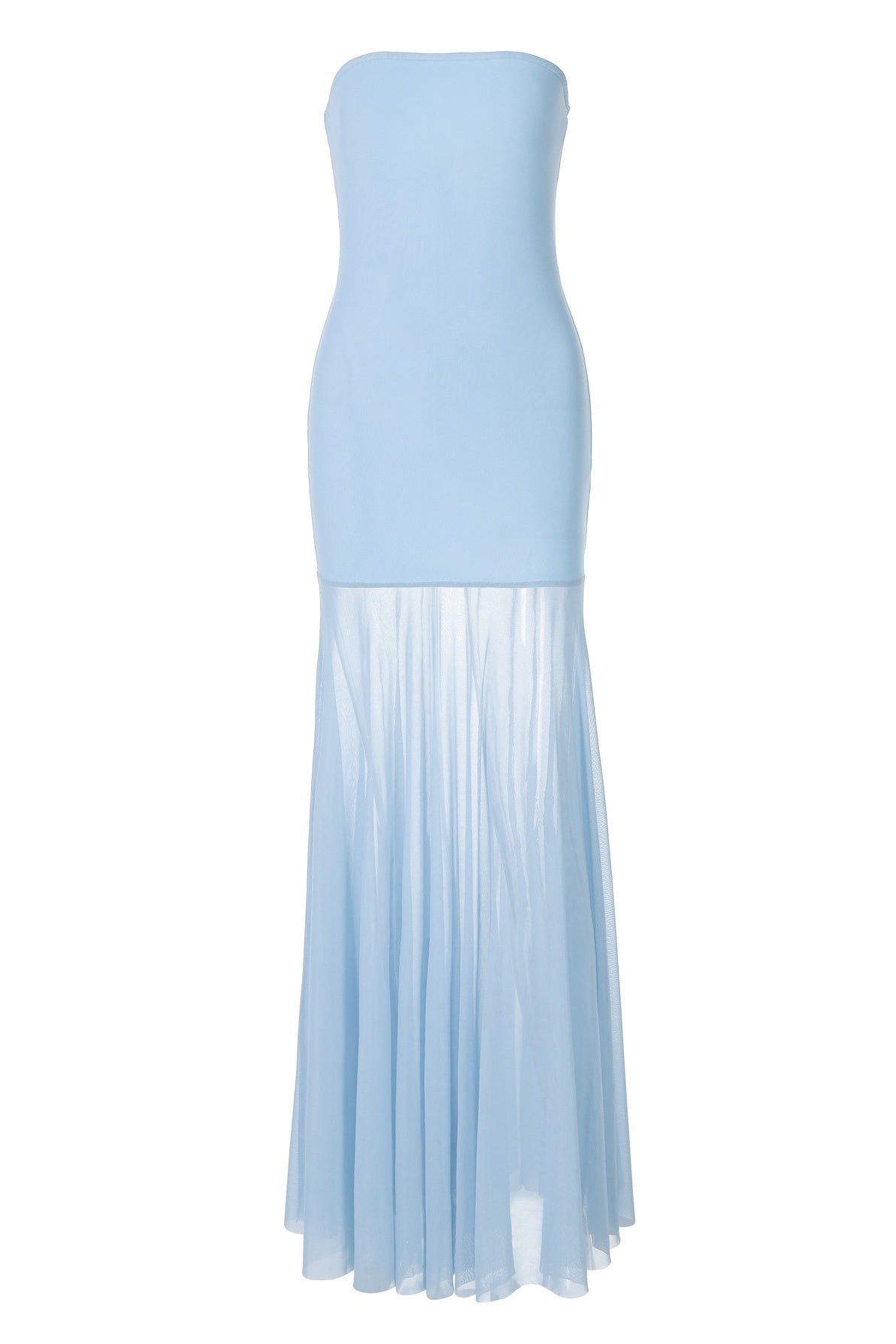 Sheer Mesh Light Blue Strapless MaxiDress