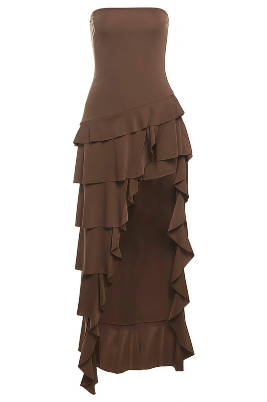 Brown Strapless Asymmetric Ruffle Long Dress