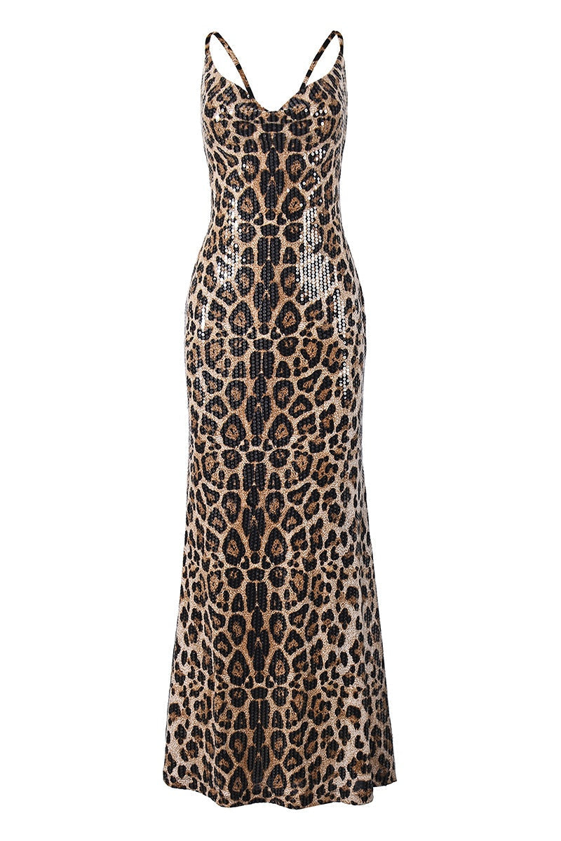Leopard Sequin Cowl Neck Fitted Long Dress