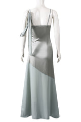 Misty Blue Staps Satin Fitted Long Dress