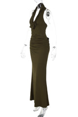 Olive Green Cowl Neck Fitted Long Dress