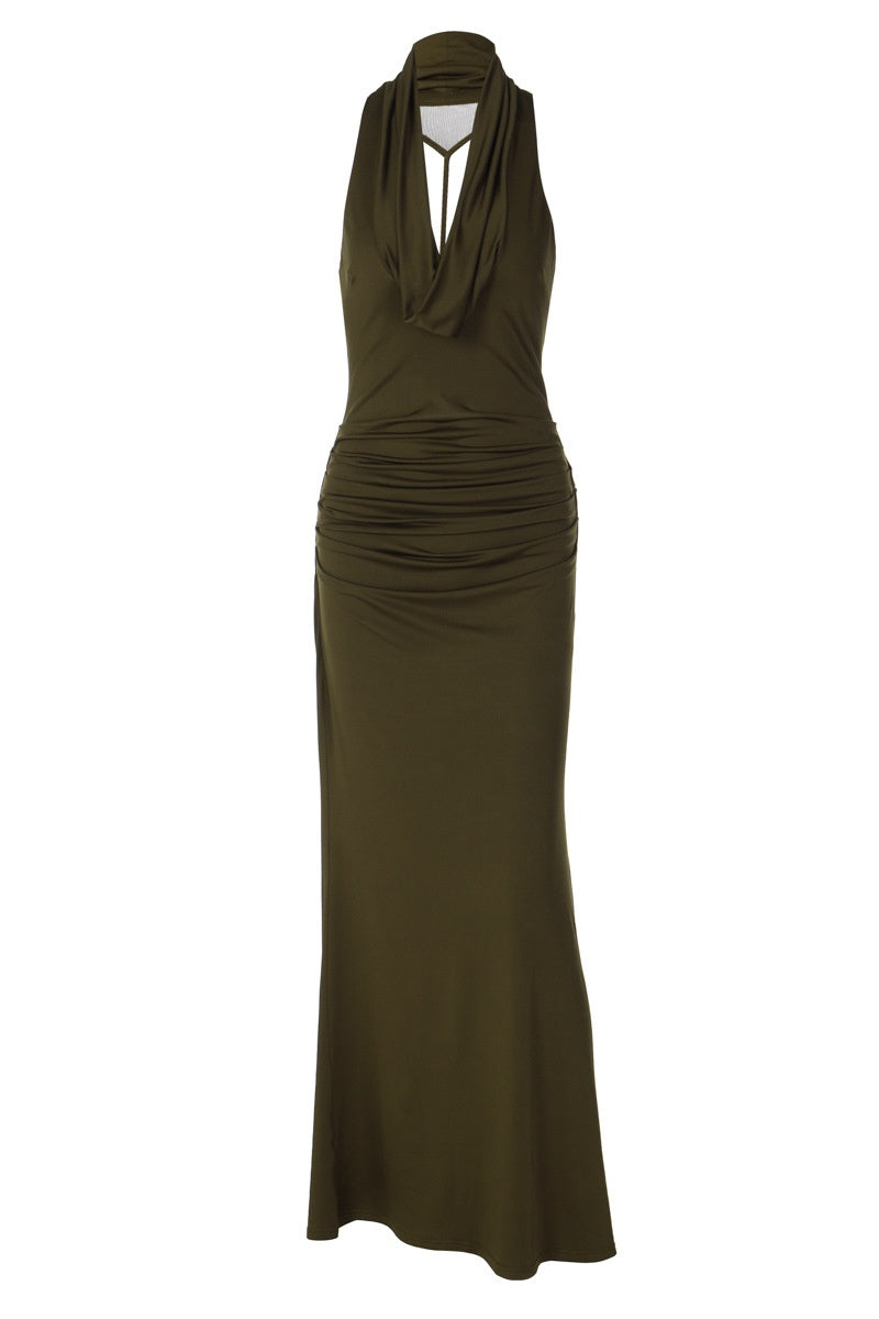 Olive Green Cowl Neck Fitted Long Dress