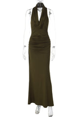 Olive Green Cowl Neck Fitted Long Dress