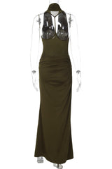 Olive Green Cowl Neck Fitted Long Dress