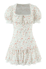 Black Floral A-line Short Dress with Short Sleeves