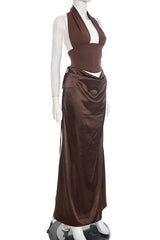 Brown Halter Draped Satin Dress