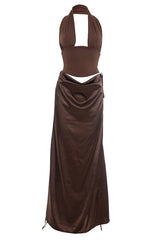 Brown Halter Draped Satin Dress