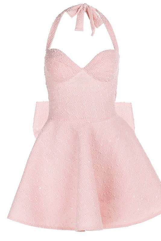 Halter Pink A-line Short Dress with Bow