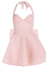 Halter Pink A-line Short Dress with Bow