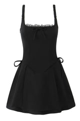 Black Square Lace Neck  Bow Short Dress