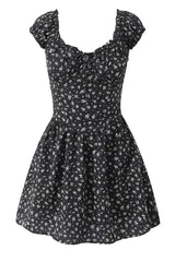 Black Floral Cap Sleeve Ruched Long Dress