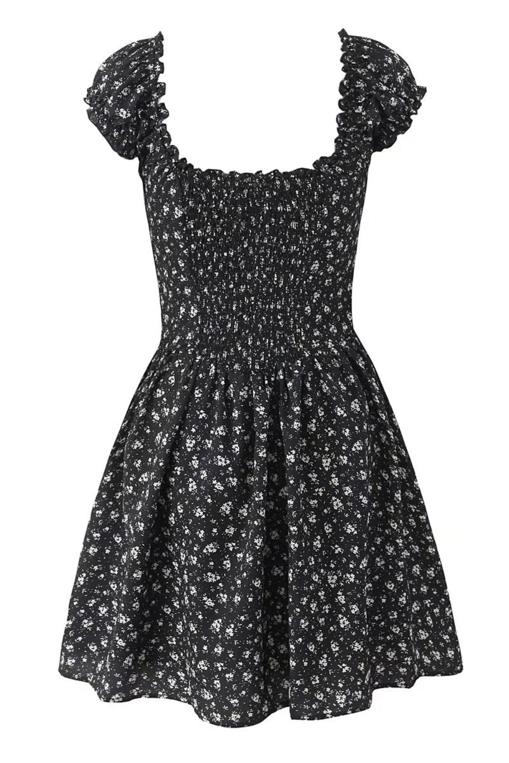 Black Floral Cap Sleeve Ruched Long Dress