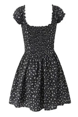 Black Floral Cap Sleeve Ruched Long Dress