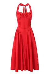 Red Halter Ruched Bow Long Dress