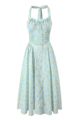 Blue Floral Halter Ruched Bow Long Dress
