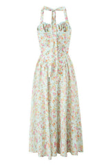 Blue Floral Halter Ruched Bow Long Dress