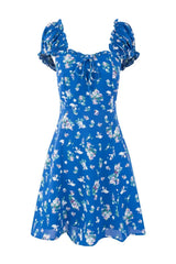 Blue Floral Puff Sleeves Bow Long Dress
