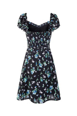Blue Floral Puff Sleeves Bow Long Dress