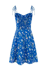 Blue Floral Spaghetti Strap Bow Long Dress