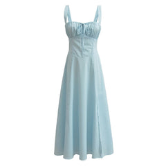 Pink Ruched Neck Bow Long Party Dress
