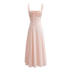 Pink Ruched Neck Bow Long Party Dress
