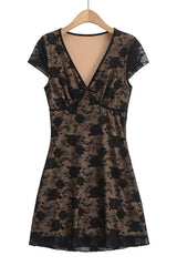 Beige Lace Flower Print Illusion Short Skirt