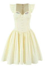Yellow Cap Sleeve Flower Embroidery Ruched Dress