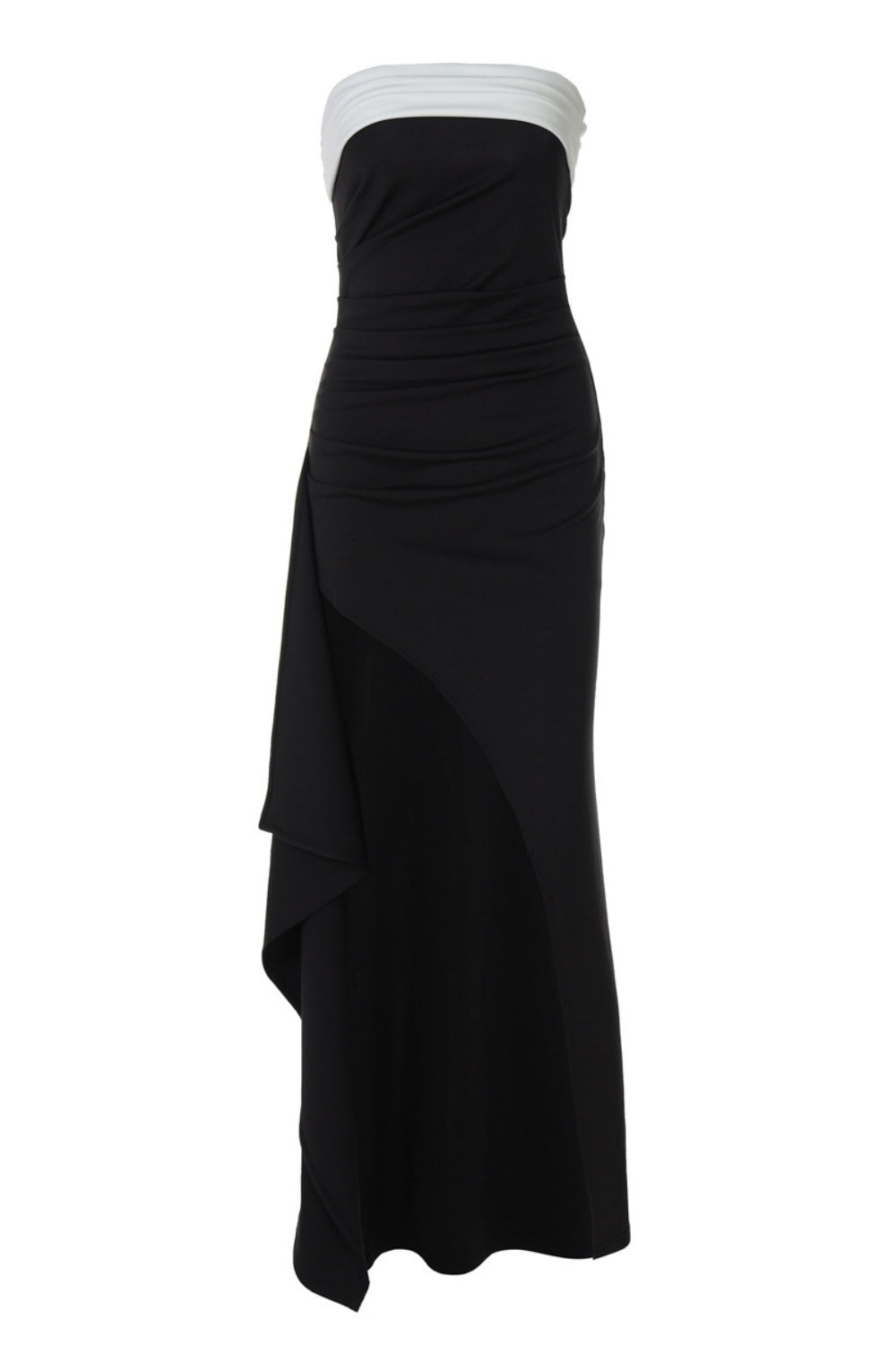 Strapless Black Ruched Frill Long Party Dress