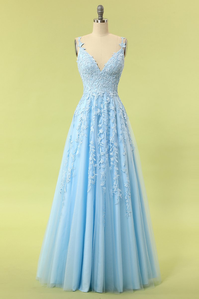 Blue Lace Appliques A-line Long Formal Dress
