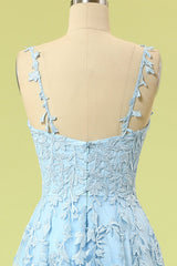 Blue Lace Appliques A-line Long Formal Dress