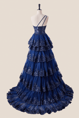 One Shoulder Navy Blue Appliques Ruffle Formal Dress
