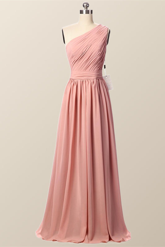 One Shoulder Blush Pink Pleated Long Bridesmaid Dress