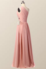 One Shoulder Blush Pink Pleated Long Bridesmaid Dress