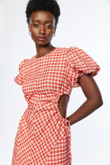 PLAID PUFF SLEEVE DRESS WITH CUTOUTS