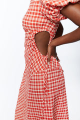 PLAID PUFF SLEEVE DRESS WITH CUTOUTS